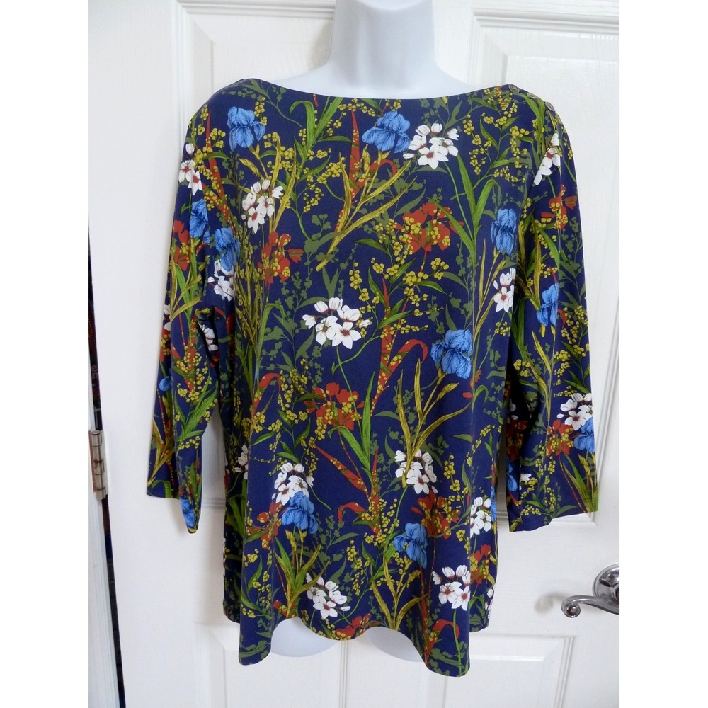 J. MCLAUGHLIN Sz XL, 14 Boatneck Dark Floral Pullover Catalina Cloth Top Office